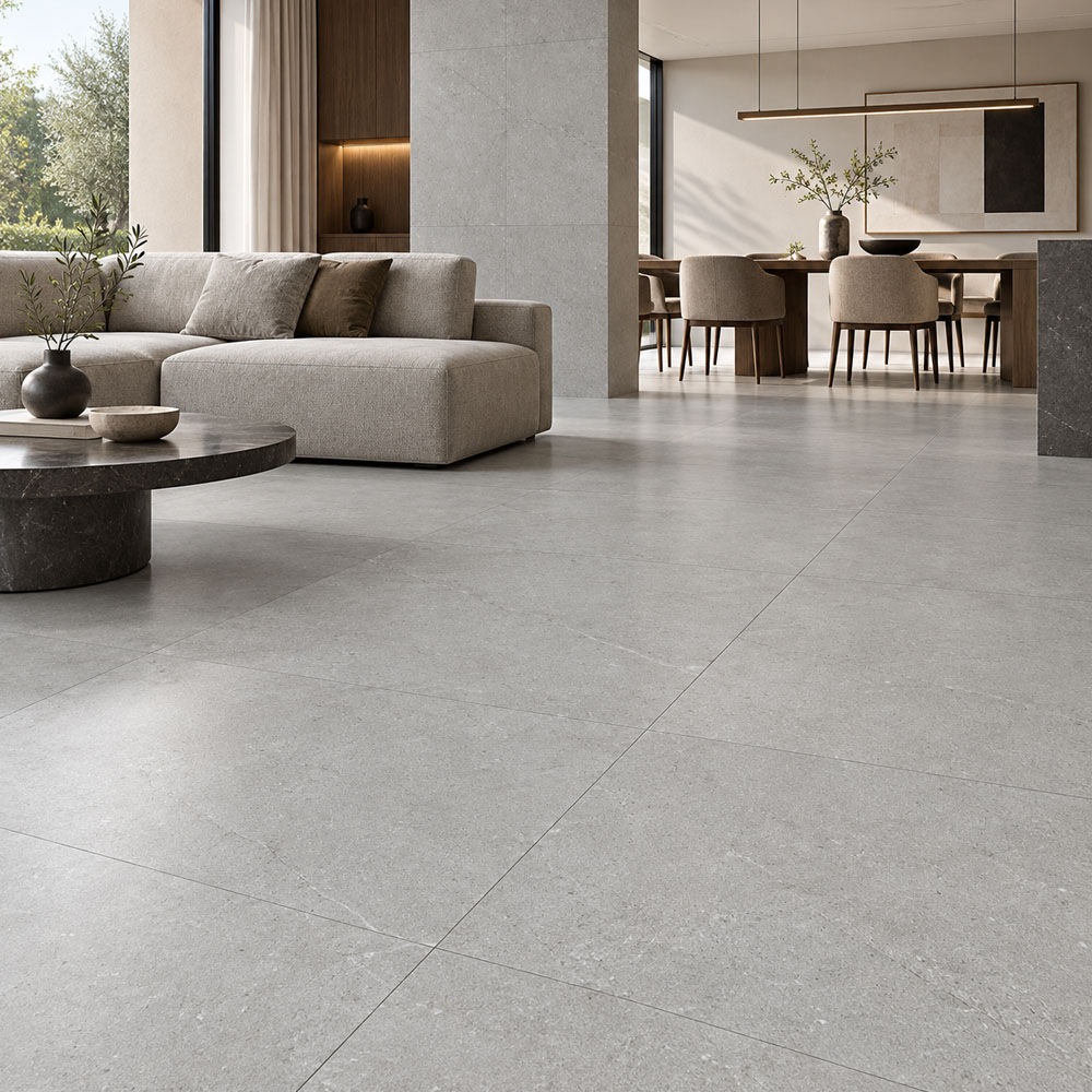 FONTANA Grey rett 60x60 FONTANA Grey 60x60 sive mat granitne pločice na podu modernog dnevnog boravka i trpezarije