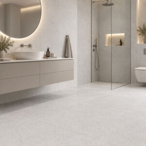 FONTANA Light Grey 60x60 svetlosive mat granitne pločice u modernom kupatilu