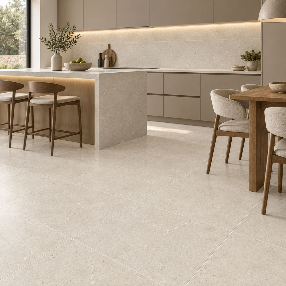 FONTANA Bone rett 60x60 FONTANA Bone 60x60 mat granitne pločice u svetlom modernom enterijeru kuhinje i trpezarije