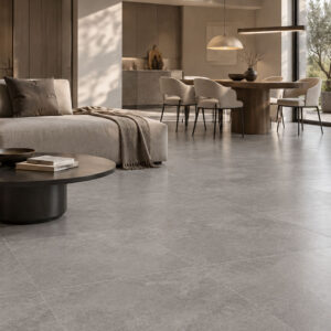 AVALON Grey 60x60 mat keramičke pločice na podu savremenog dnevnog boravka sa trpezarijom