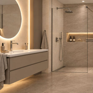 AVALON Mink 60x60 sivo-bež podne pločice u savremenom kupatilu sa AVALON Bone 40x80 zidnim pločicama