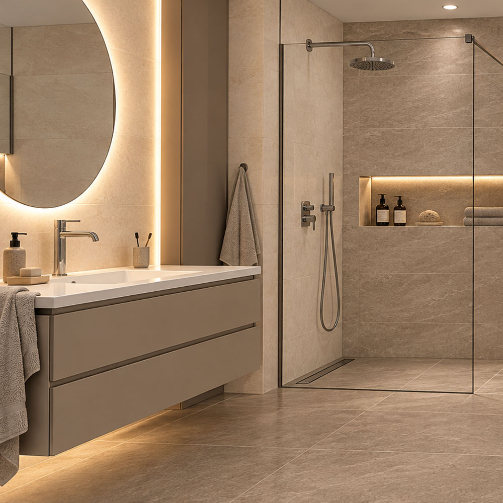 AVALON Mink 60x60 AVALON Mink 60x60 sivo-bež podne pločice u savremenom kupatilu sa AVALON Bone 40x80 zidnim pločicama