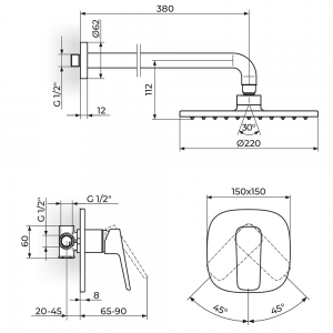 ROSAN STOLZ BATERIJA SA ZIDNIM TUŠEM 250X250MM 131103