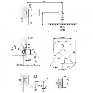 ROSAN STOLZ BATERIJA UZIDNA SA IZLIVOM, ZIDNIM I RUČNIM TUŠEM 131701