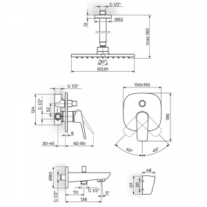 ROSAN STOLZ BATERIJA UZIDNA SA IZLIVOM, PLAFONSKIM TUŠEM 220MM I RUČNIM TUŠEM 131703