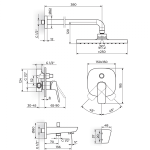 ROSAN STOLZ BATERIJA UZIDNA SA IZLIVOM, ZIDNIM TUŠEM 250X250MM I RUČNIM TUŠEM 131705