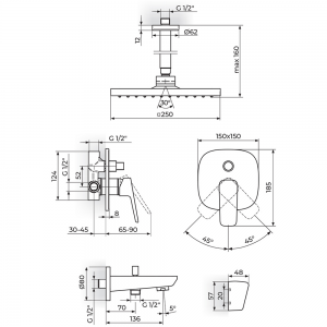 ROSAN STOLZ BATERIJA UZIDNA SA IZLIVOM, PLAFONSKIM TUŠEM 250X250MM I RUČNIM TUŠEM 131707
