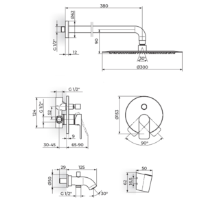 S2 uzidna baterija za tuš kadu sa izlivom, zidnim i ručnim tušem 231701