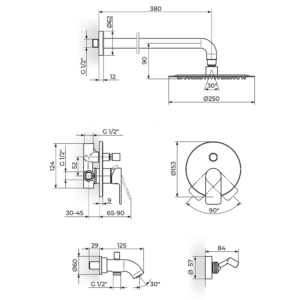 S2 Gold uzidna baterija za tuš kadu sa izlivom, zidnim i ručnim tušem 231701G