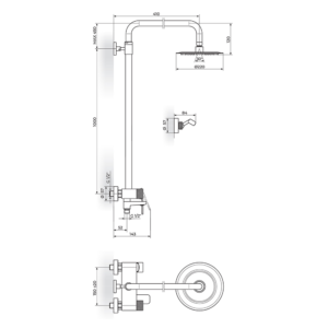 S2 Gold baterija za tuš kadu sa izlivom, usponskim i ručnim tušem 237351G