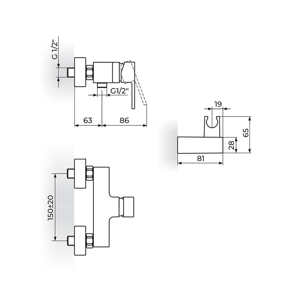 QUADRO baterija za tuš kadu JQ37101 dimenzije QUADRO baterija za tuš kadu JQ37101 dimenzije