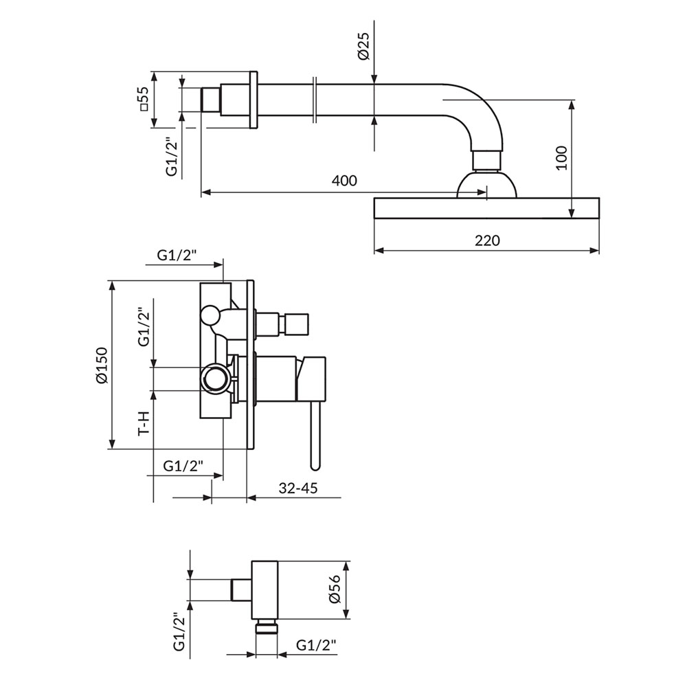 DARK ugradna baterija za tuš kadu JD316011 dimenzije DARK ugradna baterija za tuš kadu JD316011 dimenzije