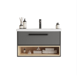 Kupatilski ormarić ZUMA Antracite Oak 65 sa umivaonikom, antracit frontom i hrast dekor otvorenom policom