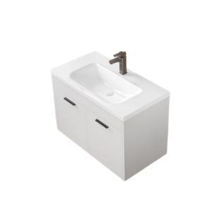 Beli kupatilski ormarić BASIC White 55 sa keramičkim umivaonikom i crnim ručkicama