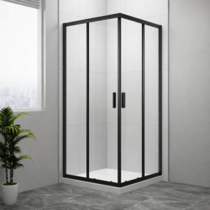 Kvadratna tuš kabina sa crnim profilima i kliznim vratima