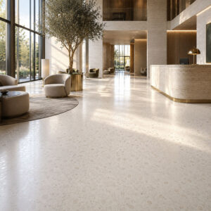 Gigacer Inclusioni Soave Soft Bianco Perla rett 60x60 u luksuznom hotelskom lobiju